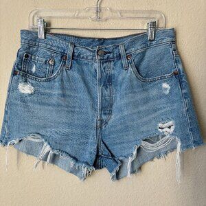 Levi's 501 Distressed High Rise Raw Hem Denim Shorts